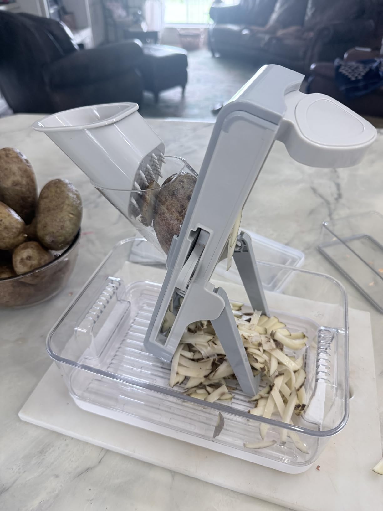 Eletronova Safe Mandoline Slicer for Kitchen, Vegetable Slicer with Container, French Fry Cutter, All in 1 Julienne Slicer for Potato, Thickness Adjustable, Detachable Blade (Light gray-blue) customer photo 1