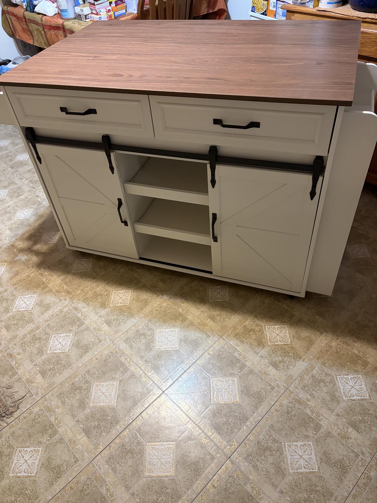 IRONCK Kitchen Island with Storage, Drop Leaf Countertop, White | Rolling Kitchen Island Cart with Pull-out Shelf, Barn Doors, for Dining Room, Home Bar customer photo 1