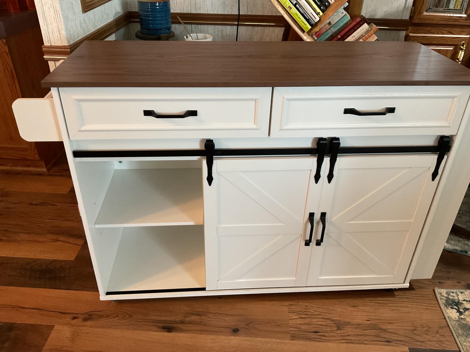 IRONCK Kitchen Island with Storage, Drop Leaf Countertop, White | Rolling Kitchen Island Cart with Pull-out Shelf, Barn Doors, for Dining Room, Home Bar customer photo 2
