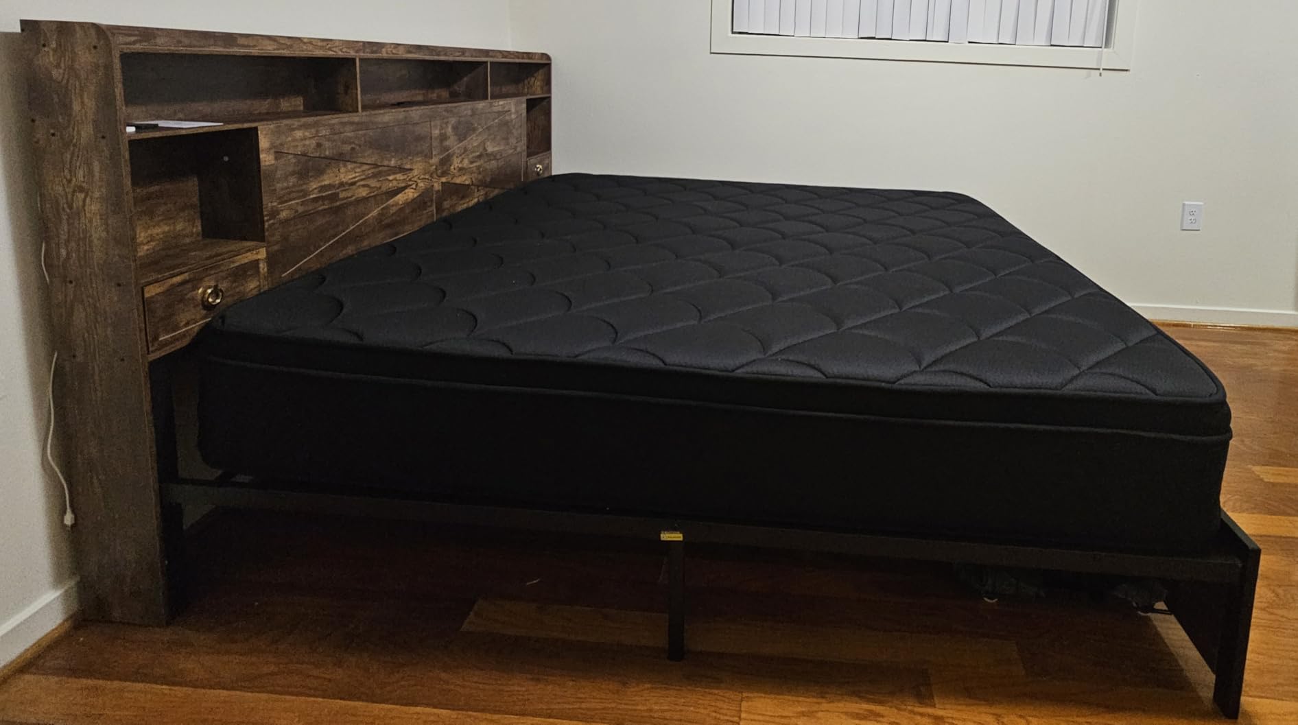 TIGUBFRE Queen Bed Frame with 4 Drawers Bookshelf Headboard, Farmhouse Bed Frame with Charging Station & LED Lights, Metal Slats Support, Noise Free, No Box Spring Needed Rustic Brown customer photo 2