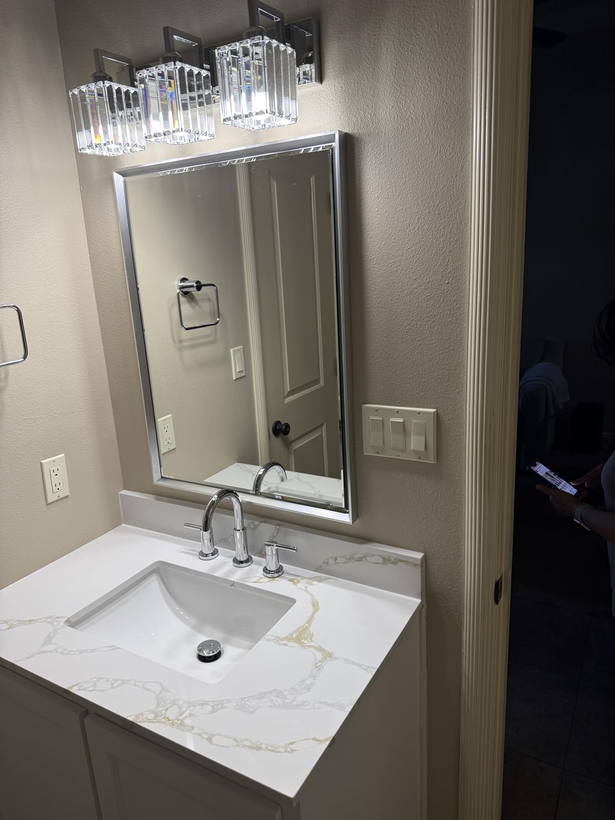 36x22 Vanity Top with Sink, Golden Calacatta Quartz Countertop with Middle Undermount Sink & Backsplash,8in. Faucet Hole Spacing Bathroom Vanity Sink Top customer photo 1