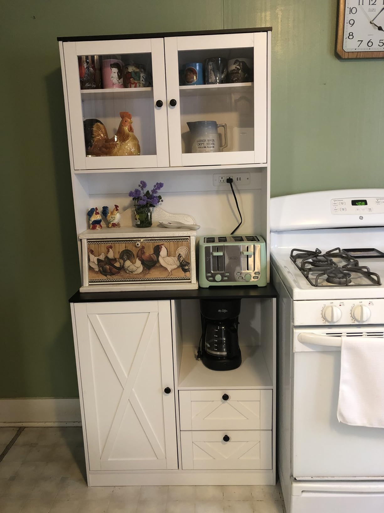 71‘’Kitchen Pantry Storage Cabinet with LED Lights and Power Outlet, Tall Farmhouse Kitchen Hutch with Microwave Stand,Globet Hooks and Adjustable Shelf for Dining Living Room,White customer photo 1