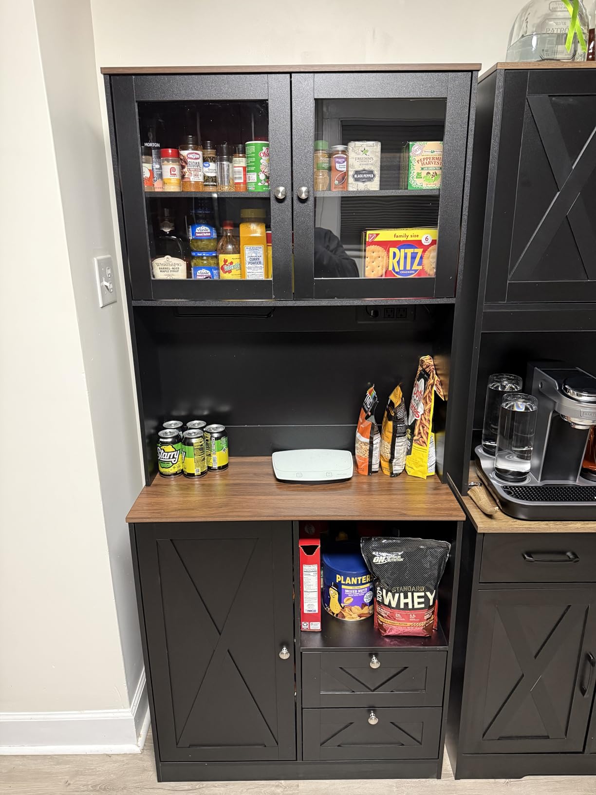 71‘’Kitchen Pantry Storage Cabinet with LED Lights and Power Outlet, Tall Farmhouse Kitchen Hutch with Microwave Stand,Globet Hooks and Adjustable Shelf for Dining Living Room,White customer photo 2