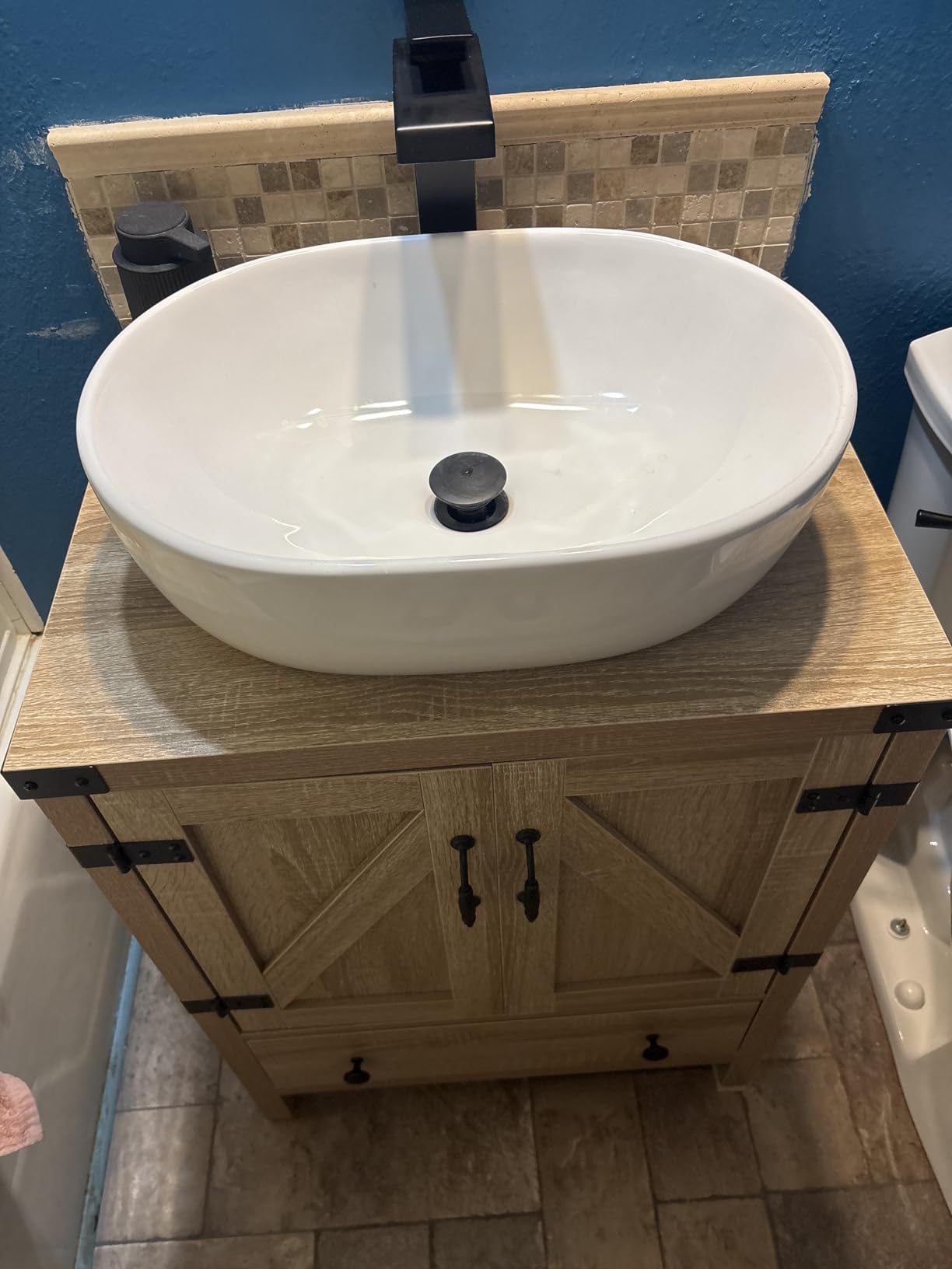48 inch Natural Color Bathroom Vanity, Rustic Fixture Standing Pedestal Cabinet with Two Black Ceramic Vessel Sinks customer photo 1