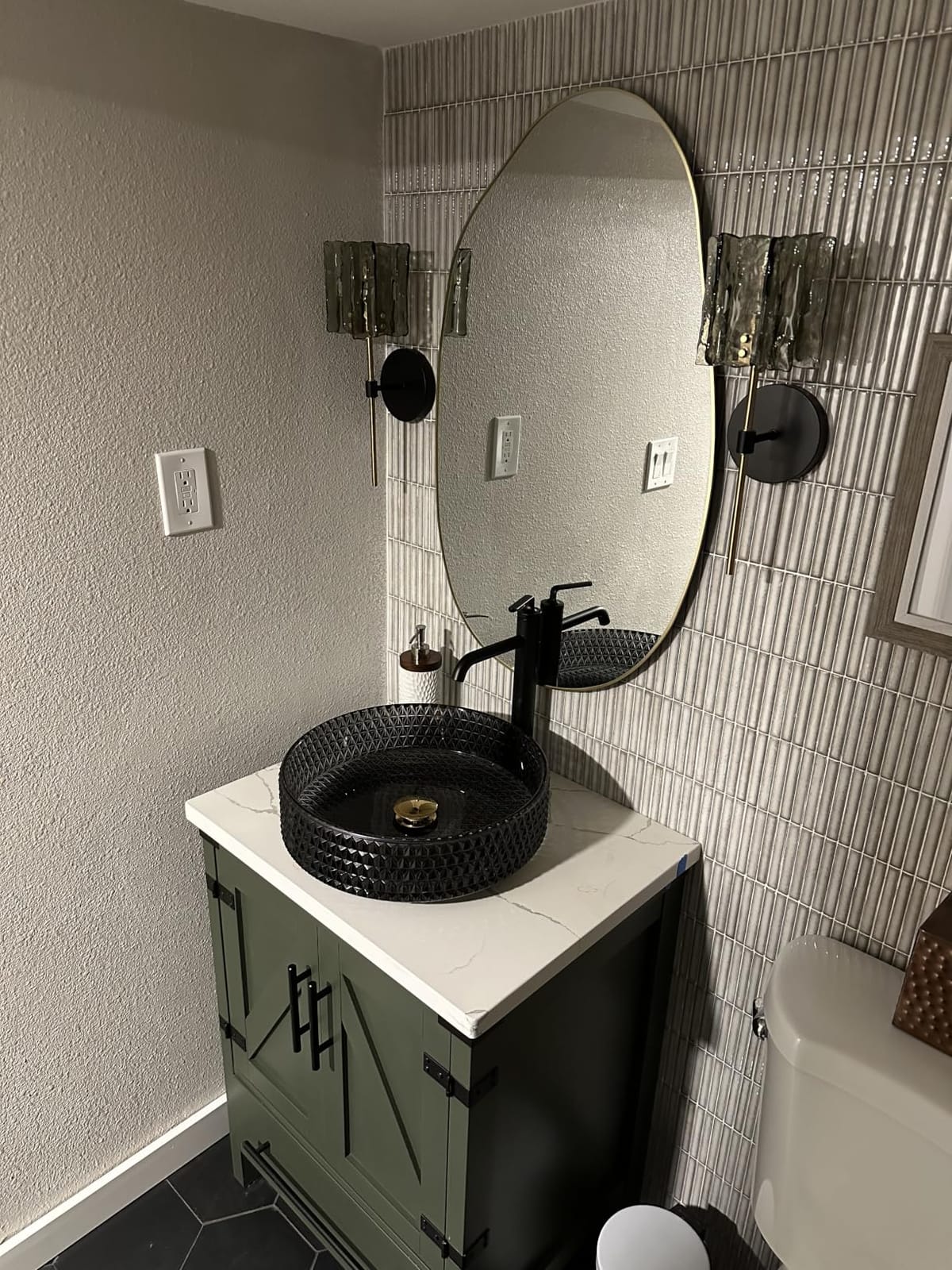 48 inch Natural Color Bathroom Vanity, Rustic Fixture Standing Pedestal Cabinet with Two Black Ceramic Vessel Sinks customer photo 2
