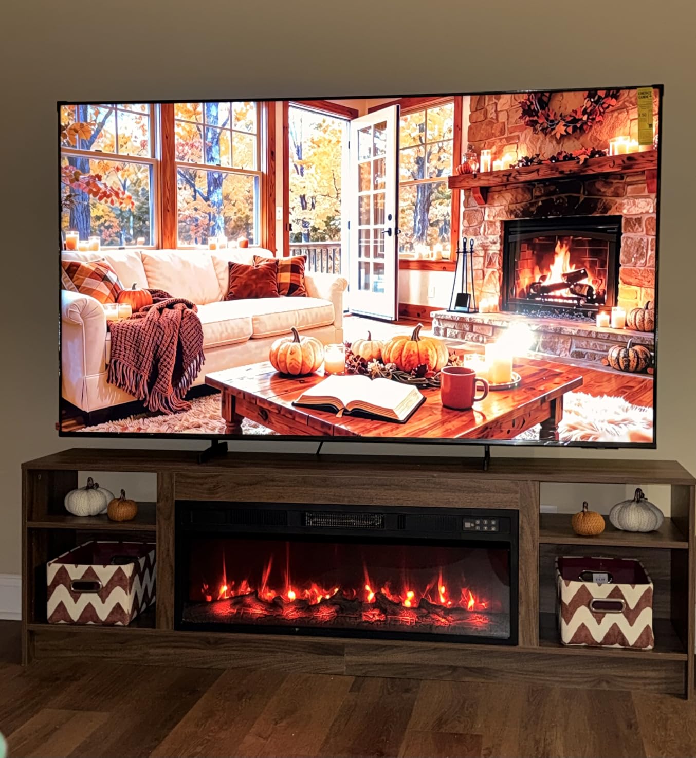 Kucreiheat Fireplace TV Stand for 65-80 inch TV, Large Entertainment Center with Fireplace & LED Lights,High Gloss Living Room Storage Cabinet, Grey, 70''(Crystal) customer photo 1