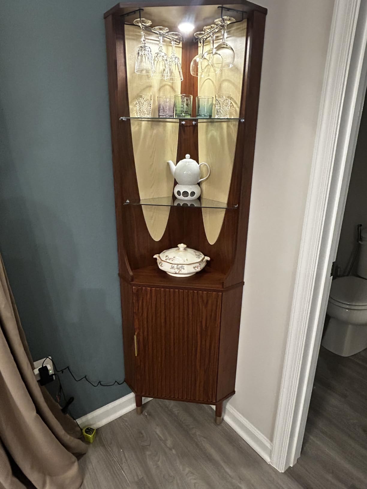 JOINICE Tall Corner Bar Cabinet for Liquor,Mid-Century Modern,Walnut,70
