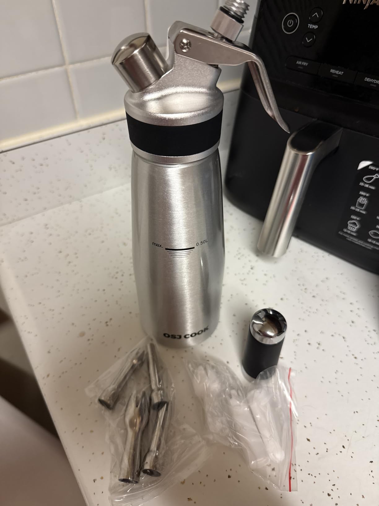 Professional Aluminum Whipped Cream Dispenser - 1000 mL/2 Pint,Leak-Free Whipped Cream Maker Canister with 8 Decorating Nozzles & Cleaning Brush - N2O Chargers (Not Included) (Silver, 1000ml) customer photo 1