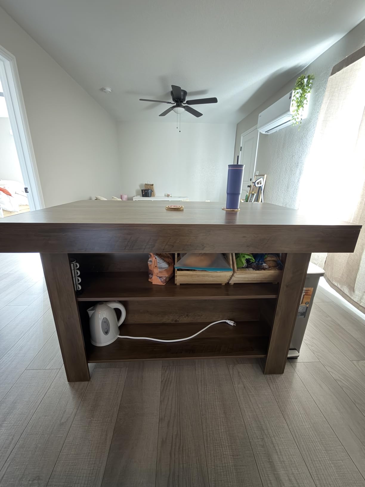 LITTLE TREE 55 Inches Kitchen Island with Storage, 3-Tier Farmhouse Wooden Stationary Island Table with Large Worktop & Leg Room, Modern Coffee Bar Table with Storage Shelf for Kitchen, Rustic Brown customer photo 1