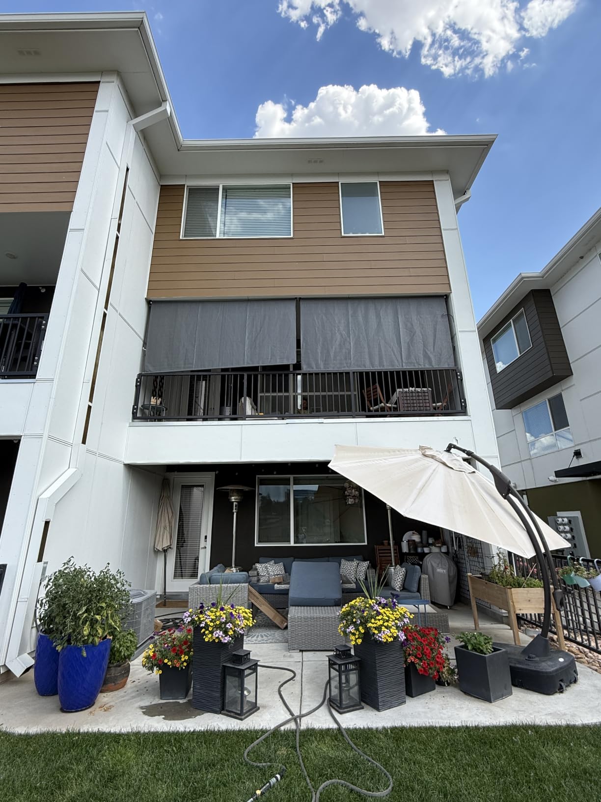 Grey Outdoor Roller Shades 8' W x 8' H, Exterior Cordless Patio Shade Roll up-Down Blinds Spliced Design (Fixed 2 Poles, One-Full Piece Fabric Sunshade) customer photo 2