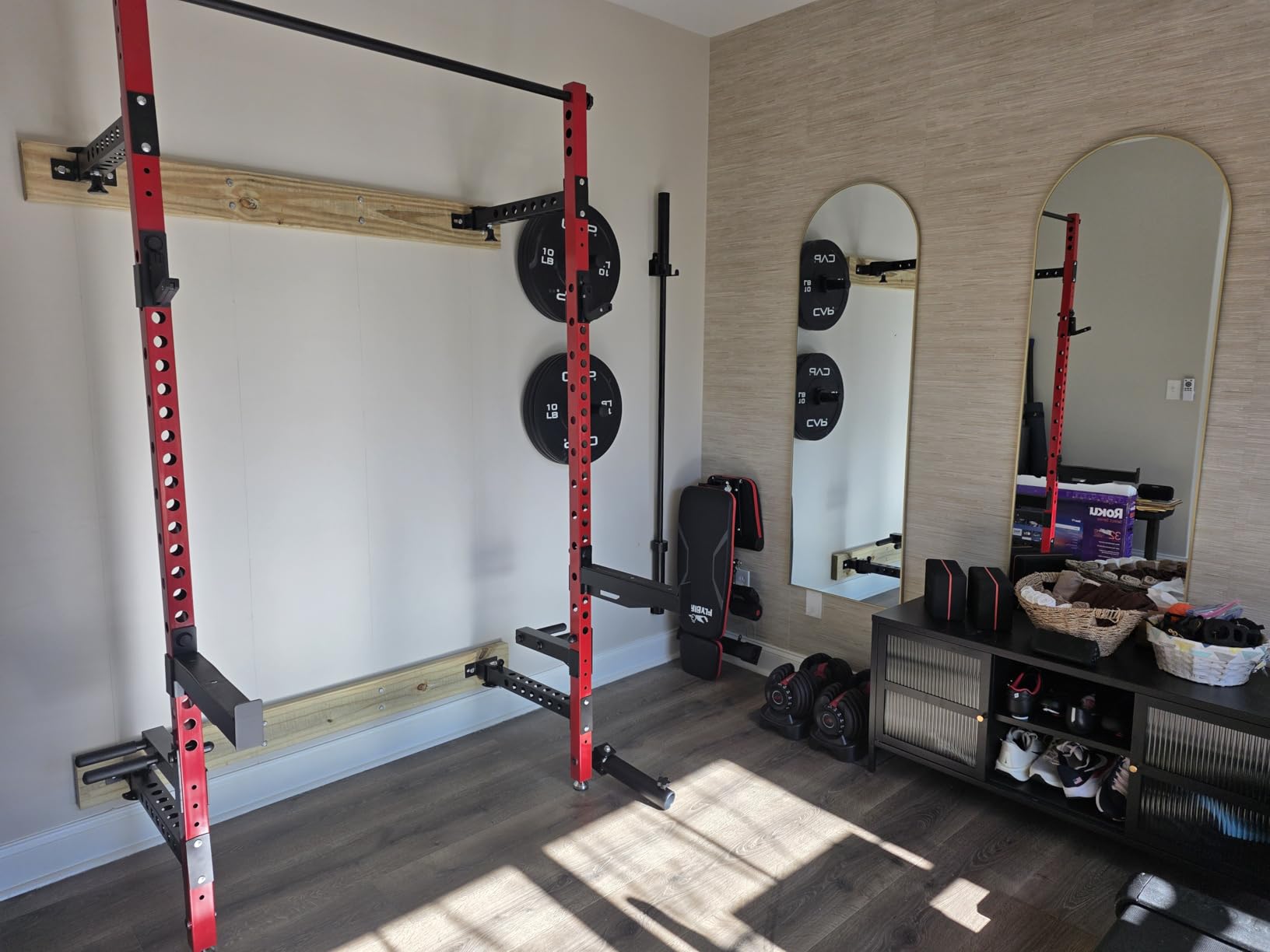 JELENS FS01 Folding Squat Rack, Wall Mounted Power Rack for Home Gym, Space Saving Multi-Functional Power Cage with More Attachments customer photo 1