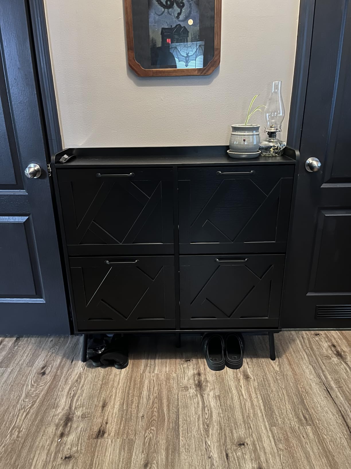 Nicetree Shoe Storage Cabinet with 2 Flip Drawers, Entryway Organizer, Gray | Slim Shoe Cabinet with Metal Legs, Narrow Farmhouse Shoe Organizer for Entryway, Foyer, Hallway, Wood Shoe Rack with Hook customer photo 2