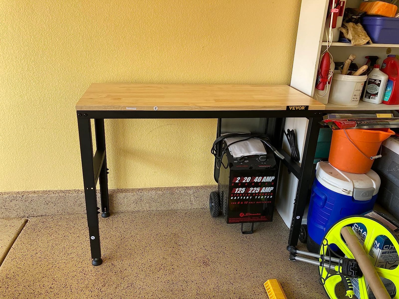 VEVOR Adjustable Workbench, 5000 lbs Capacity, 96 x 24 Inch Oak Wood Top Workstation with 4 AC Outlets & 2 USB Ports, Heavy-Duty Hardwood Worktable for Garage, Workshop, Home, Office, Commercial customer photo 1