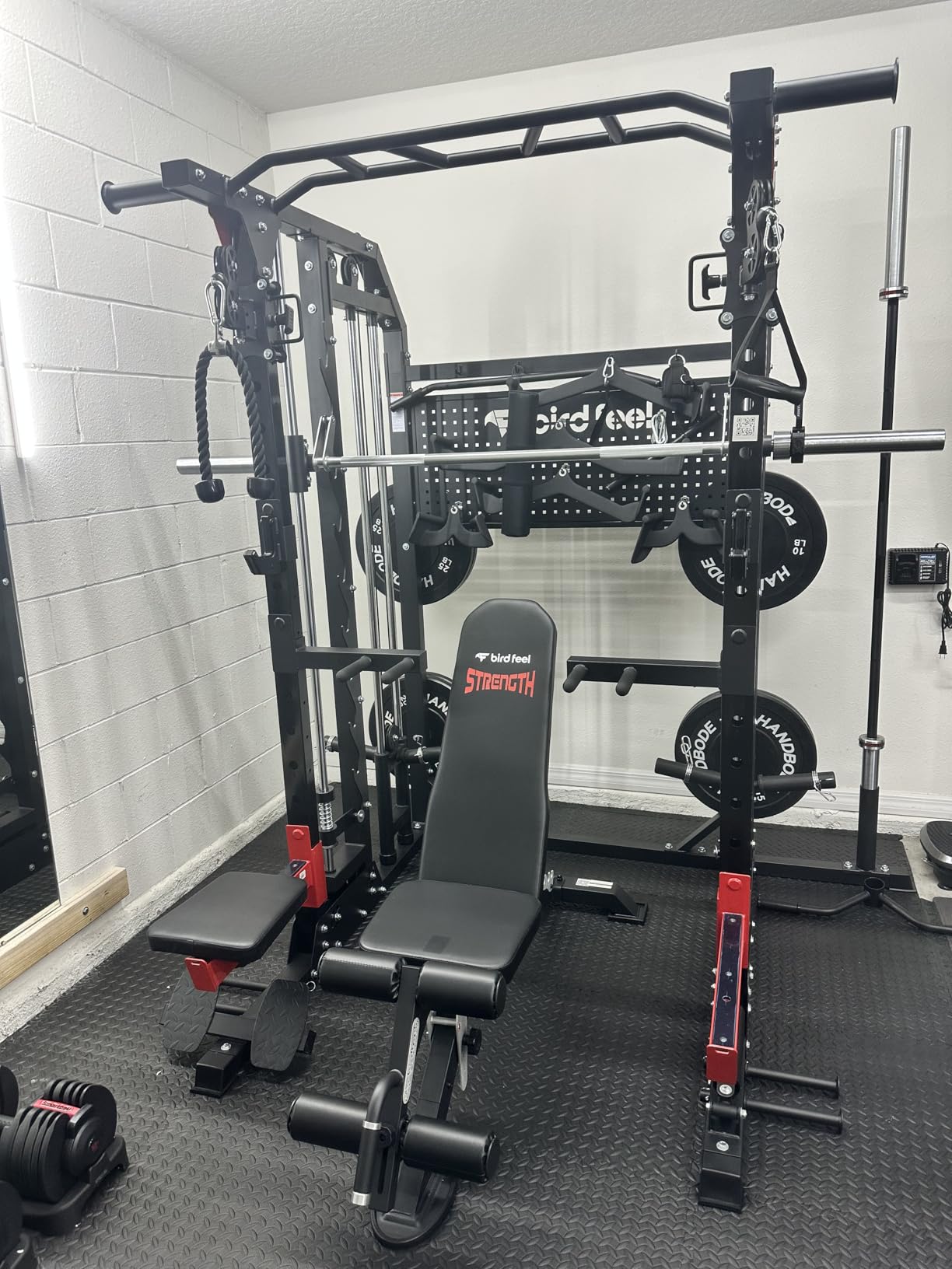 Multi-Function 2000LB Power Cage Smith Machine, Dual Pulley Cable Crossover | Home Gym Squat Rack Featuring LAT Pulldown, Power Rack with Olympic Bar & Strength Training Attachments, Pegboard customer photo 1