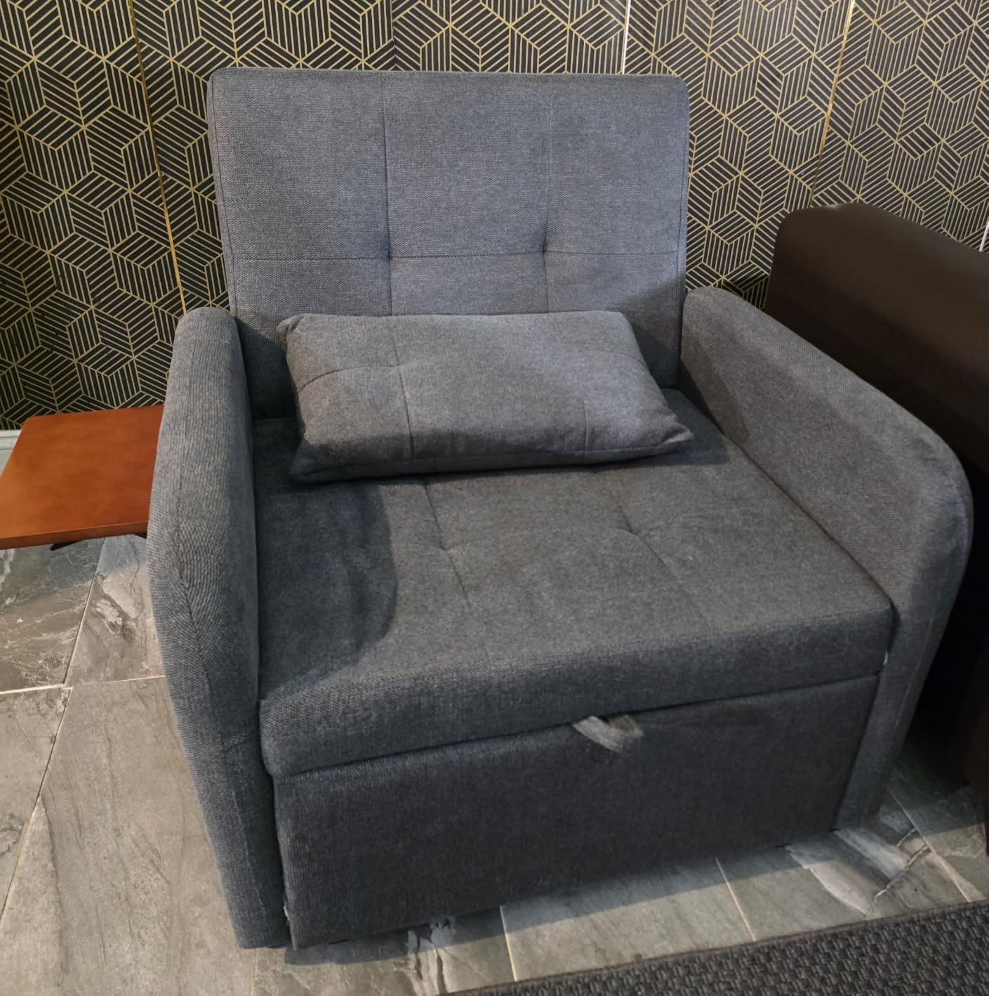 Convertible Sleeper Chair-Fabric Futon Sofa Bed, Single Sleeper Sofa, Small Couch Bed with USB Port, Foldable Table, Pillow, Adjustable Backrest for Dorm/Bedroom/College Darkgrey customer photo 1