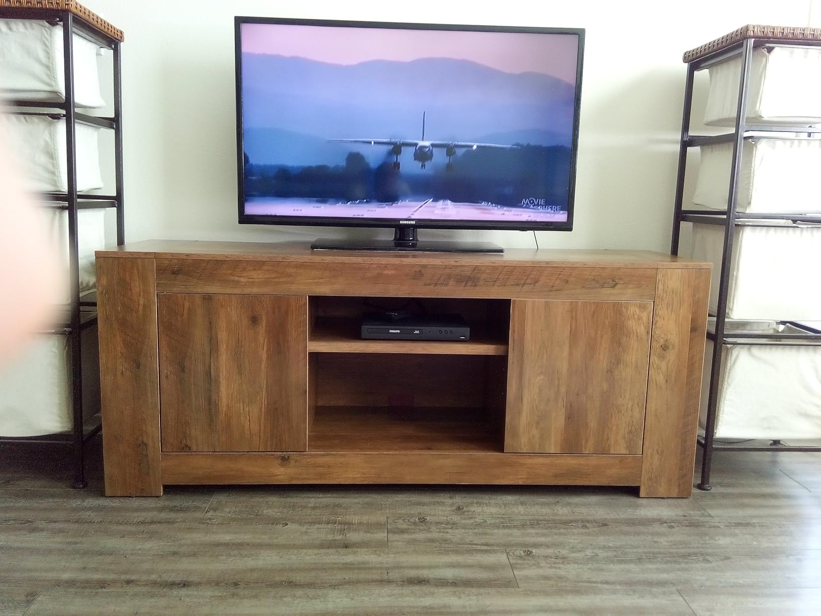 VASAGLE TV Stand with Storage, Farmhouse Entertainment Center for 65'' TV | Media Console for Living Room, Bedroom, 58 x 15.7 x 23.6 Inches, Rustic White and Honey Brown, KONI Collection ULTV623W201S customer photo 1