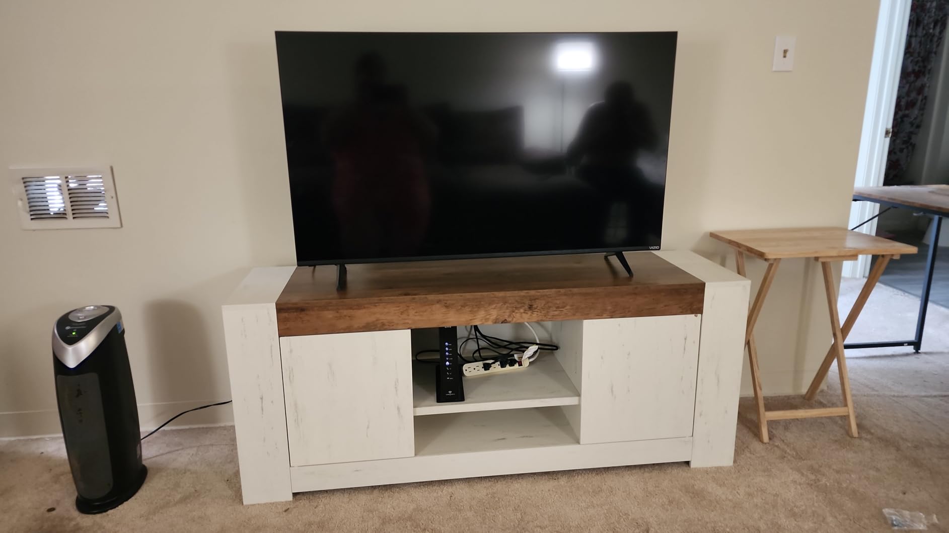 VASAGLE TV Stand with Storage, Farmhouse Entertainment Center for 65'' TV | Media Console for Living Room, Bedroom, 58 x 15.7 x 23.6 Inches, Rustic White and Honey Brown, KONI Collection ULTV623W201S customer photo 2