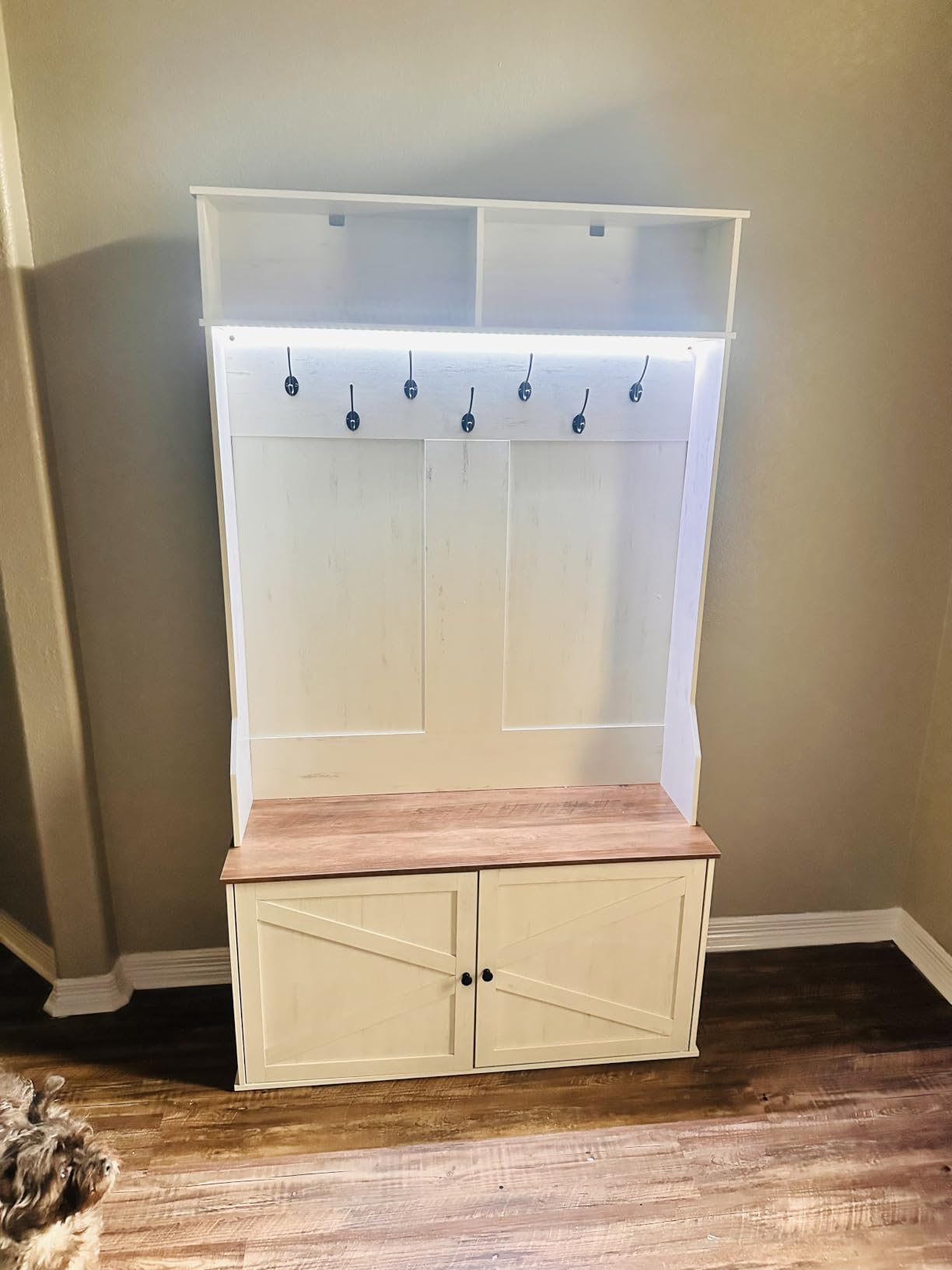 VASAGLE 5-in-1 Hall Tree with Bench and Shoe Storage, Adjustable LED Light | Coat Rack, 7 Double Hooks, Farmhouse Entryway Furniture, Rustic White, HAINS Collection UHSR653WJ03S customer photo 1