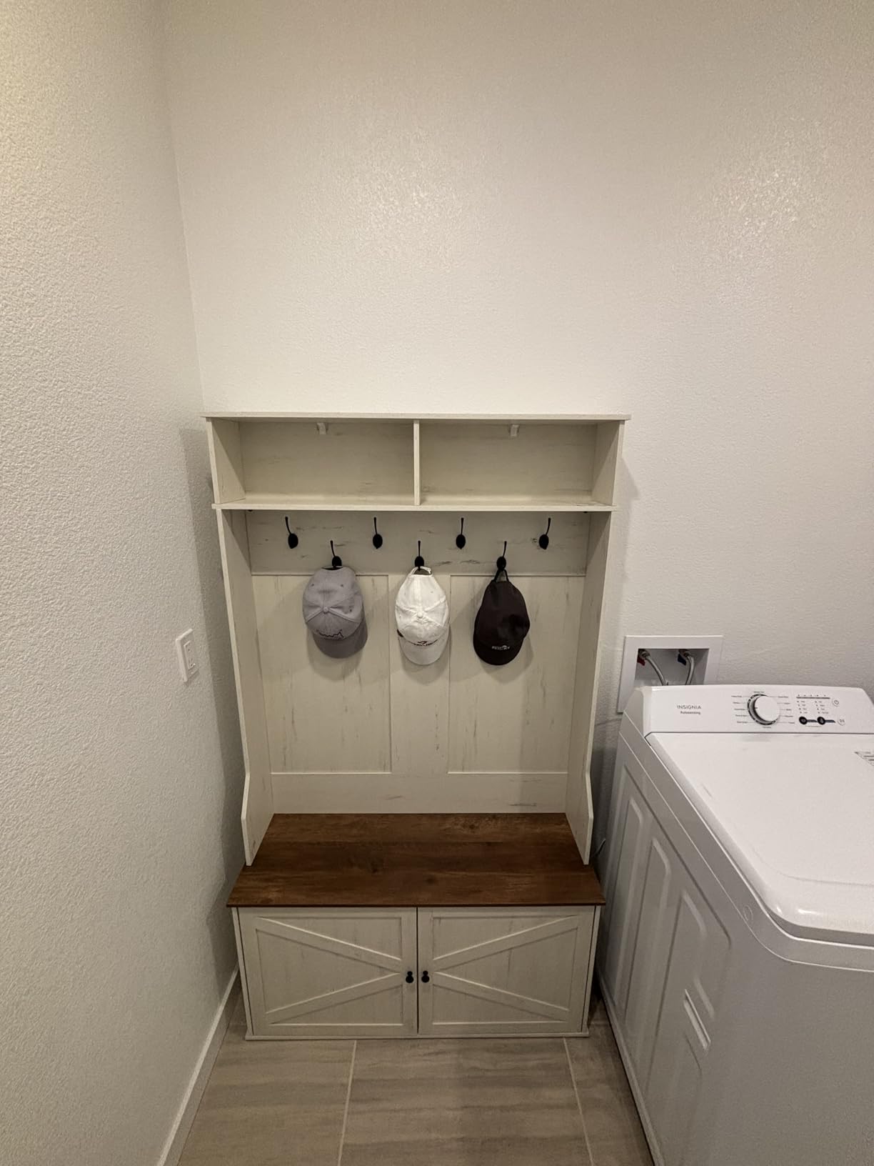 VASAGLE 5-in-1 Hall Tree with Bench and Shoe Storage, Adjustable LED Light | Coat Rack, 7 Double Hooks, Farmhouse Entryway Furniture, Rustic White, HAINS Collection UHSR653WJ03S customer photo 2