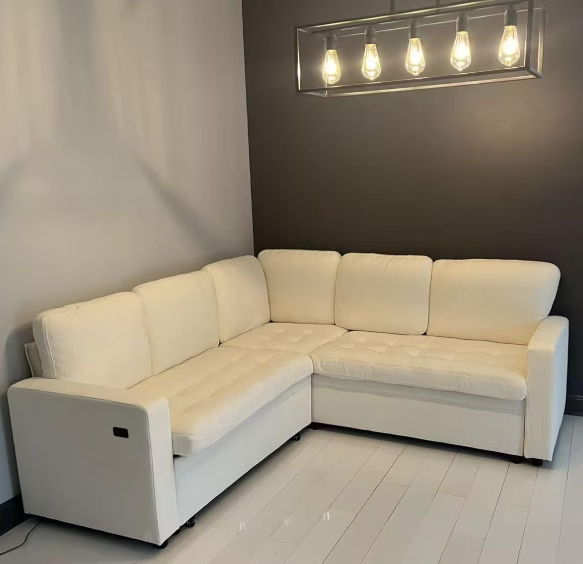 Vipbear 7 Seat L Shaped Modular Sectional Sleeper Sofa Bed with Ottoman/Pull Out Bed/Reclining Backrest/USB Ports/Table/LED Light/Storage Seat, Tool-Free Assembly, Chenille Beige customer photo 2