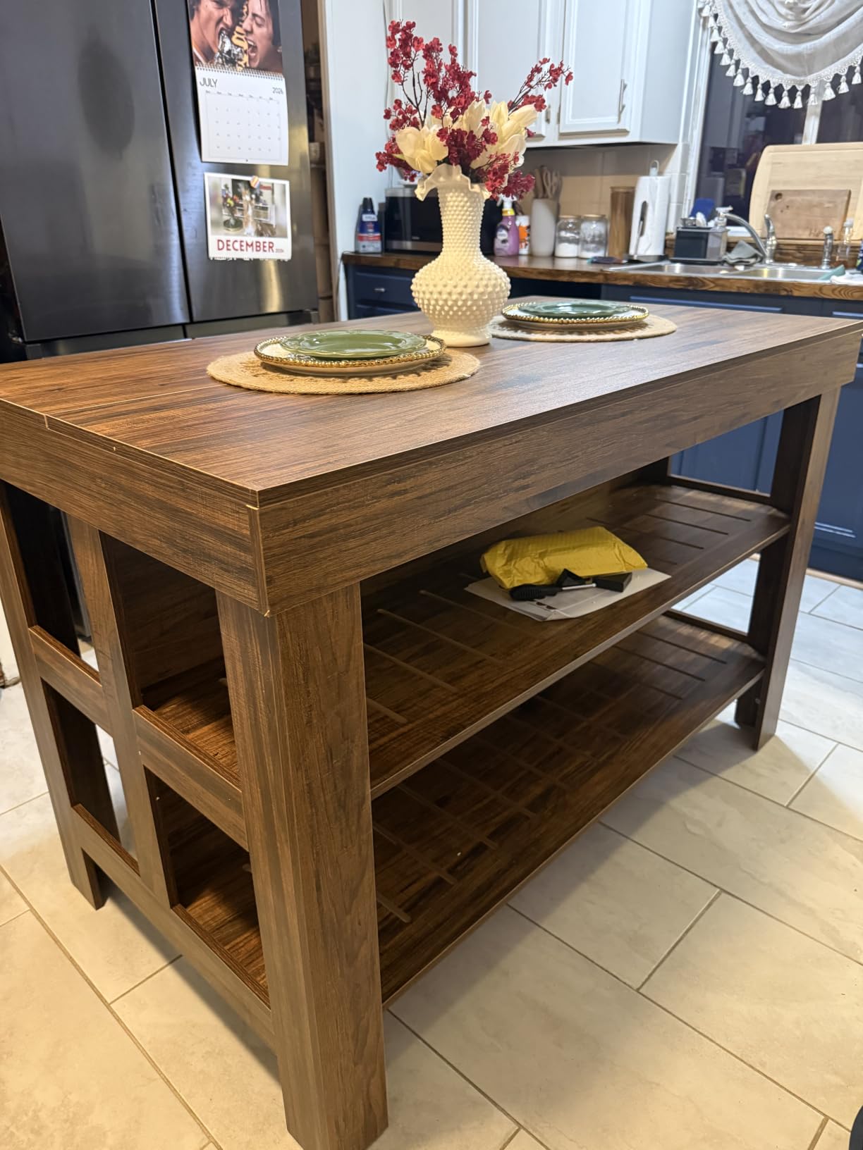 Tribesigns 55.1-Inch Kitchen Island with Seating and Storage, 3-Tier Large Farmhouse Island Table with Large Countertop and Leg Room for Kitchen Dining Room (Brown and White) customer photo 1