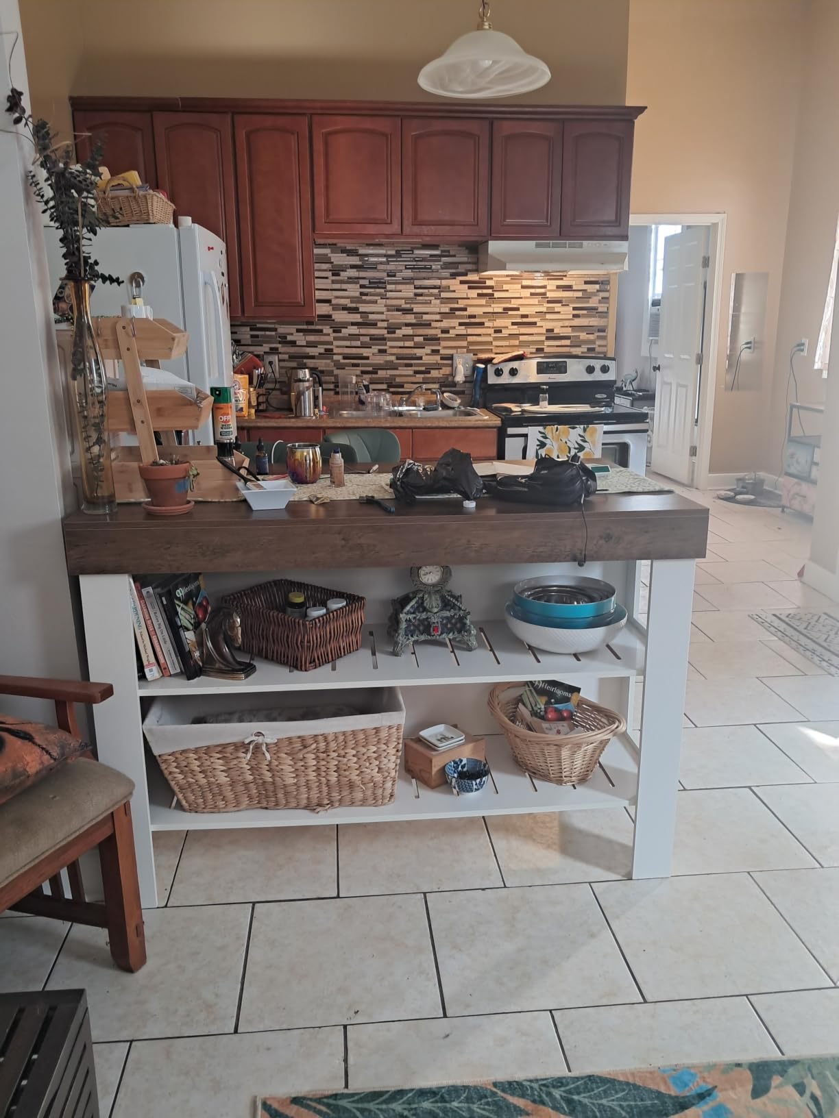 Tribesigns 55.1-Inch Kitchen Island with Seating and Storage, 3-Tier Large Farmhouse Island Table with Large Countertop and Leg Room for Kitchen Dining Room (Brown and White) customer photo 2