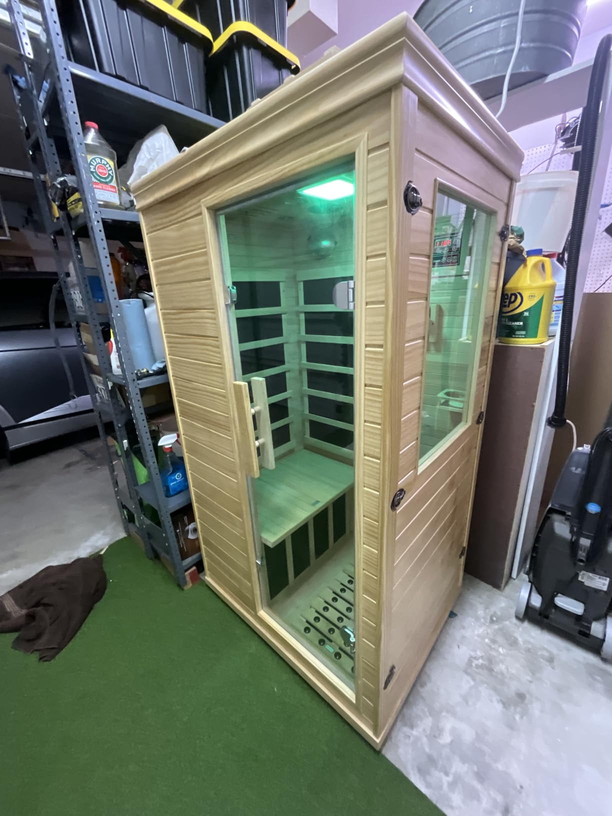Mini Sauna 1 Person Far Infrared Sauna for Home, 4.9ft Space Saving Indoor Sauna with Front-Opening Glass Door, Natural Spruce Wood Dry Spa, 900W Rapid Warm-Up, Bluetooth, Cup Holder & LED Light customer photo 1