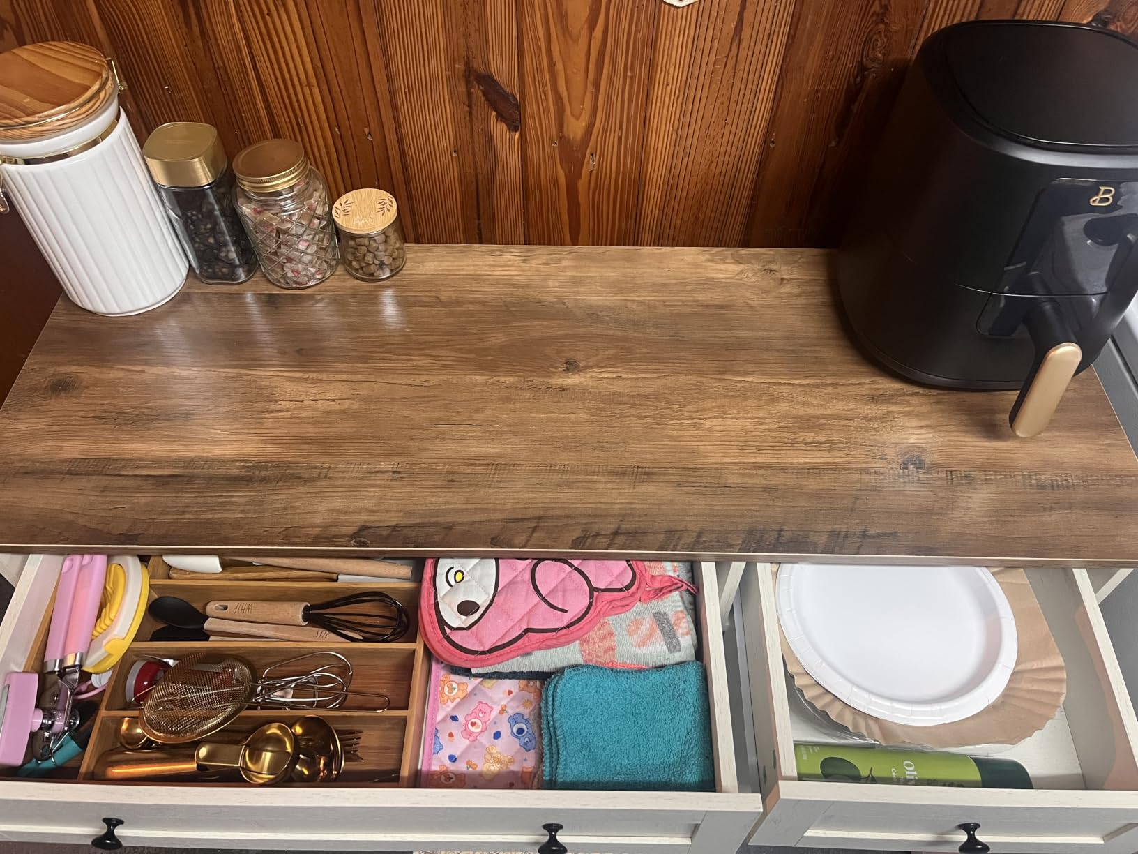 VASAGLE Mobile Kitchen Wooden Island Cart with Storage for Dining Room | Portable Mobile Cart on Wheels, 15.8 x 53.7 x 35.1 Inches, Rustic White and Honey Brown, SIREN Collection customer photo 1