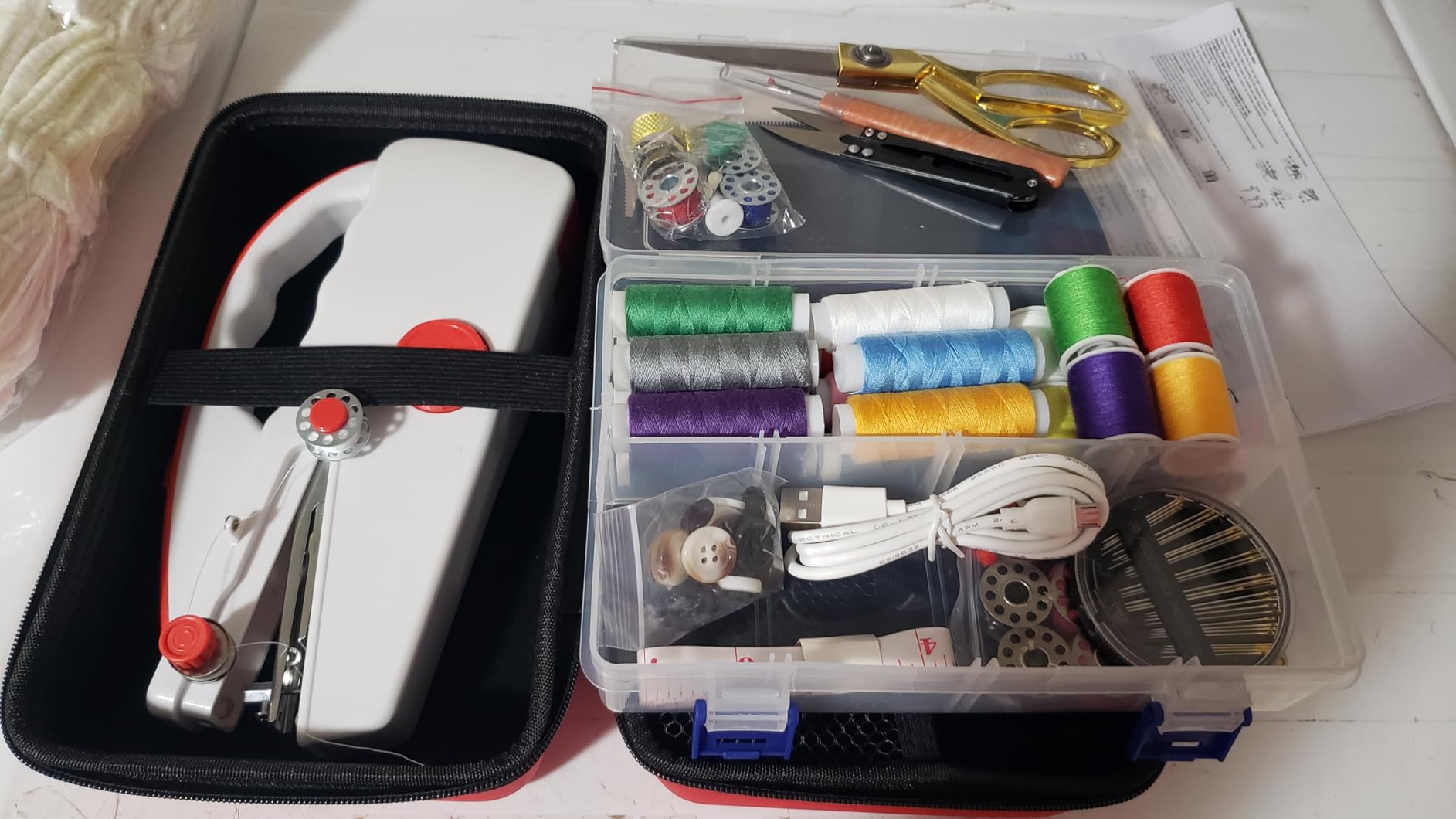 Portable Handheld Sewing Machine with 110 PCS Sewing Kit & Blue Leather Case, Dual-Speed, Built-in Work Light, Dual Power Supply. Perfect for Home & Travel, for Adults & Beginners, for Clothes & Jeans customer photo 1