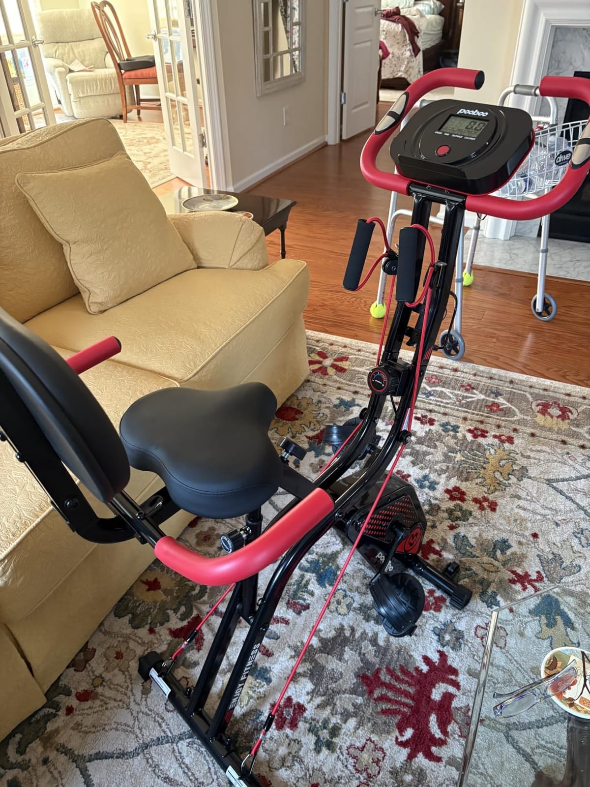 pooboo Folding Magnetic X‑Bike, Upright Exercise Bike for Home Gym customer photo 2