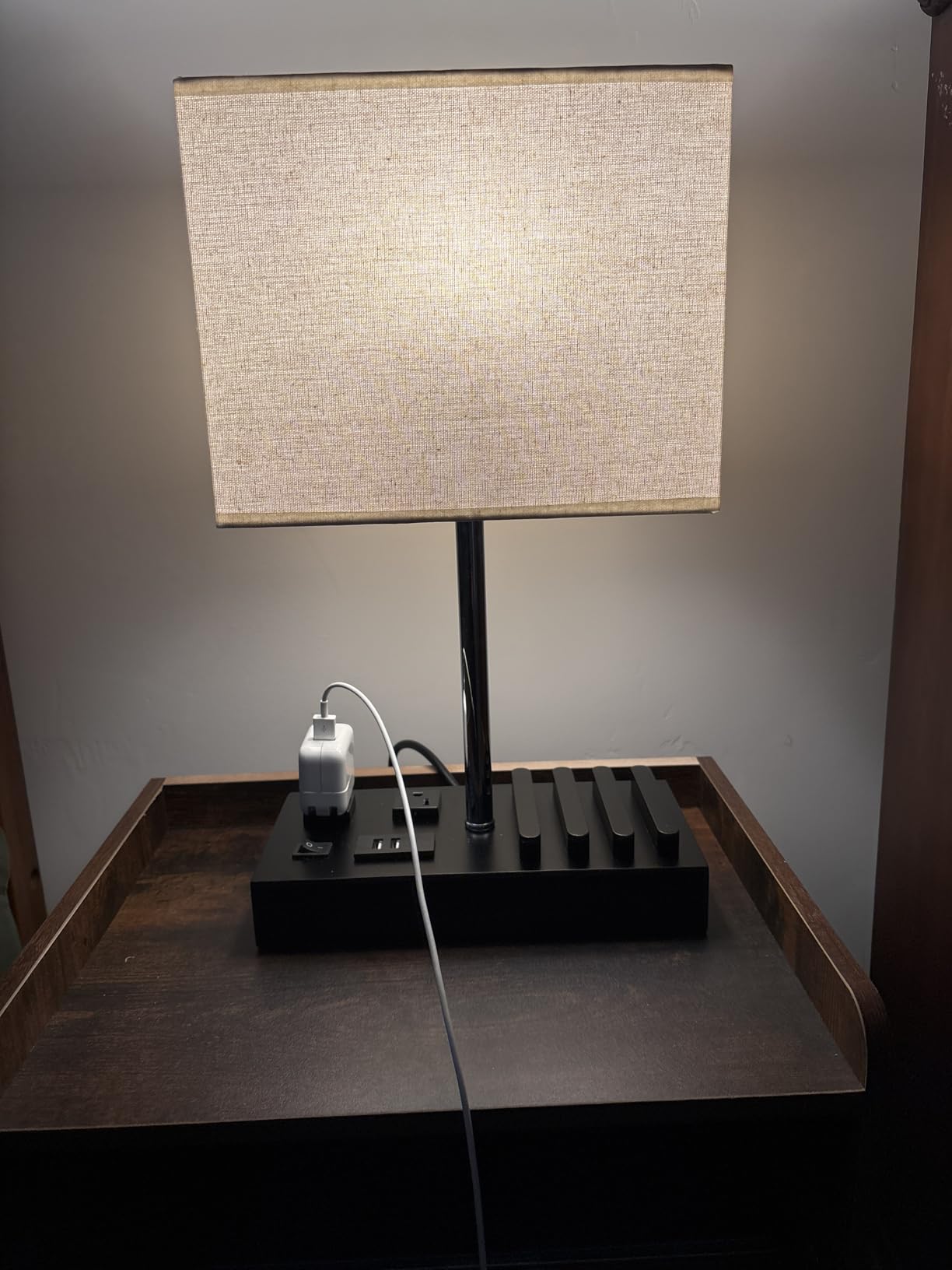 Briever USB Table Lamp, Multi-Functional Desk Lamp with 2 AC Outlets, Bedside Lamp with 3 USB Charging Ports and Wooden Phone Stands, Nightstand Lamp for Bedroom, Livingroom, Office, Linen Shade customer photo 2