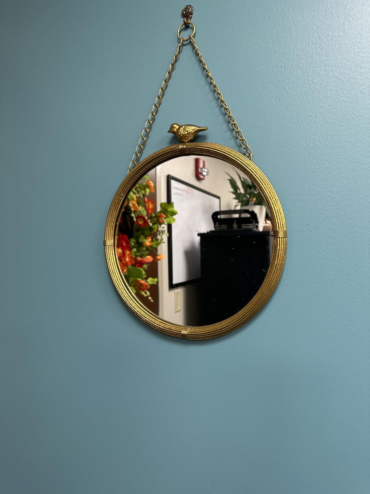 NIKKY HOME 6.7 Inch Decorative Small Hanging Mirrors Vintage Round Metal Framed Wall Mounted Mirror Decor with Bird for Bathroom Living Room Office, Rustic Gold customer photo 1