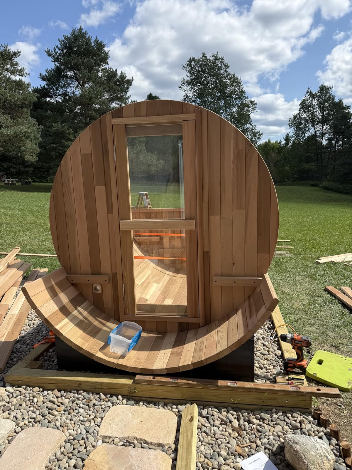Wood Burning Sauna 4 Person, Outdoor Canadian Red Cedar Barrel Sauna with Porch, Back Half Glass Window, Triple Waterproofing System, with Volcanic Rocks, Wooden Bucket and Spoon customer photo 1