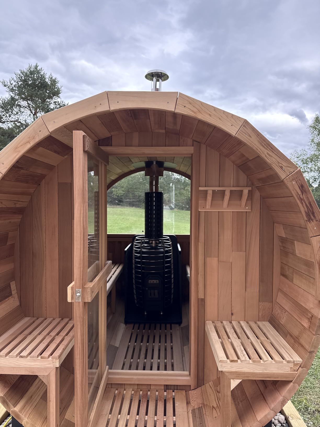 Wood Burning Sauna 4 Person, Outdoor Canadian Red Cedar Barrel Sauna with Porch, Back Half Glass Window, Triple Waterproofing System, with Volcanic Rocks, Wooden Bucket and Spoon customer photo 2