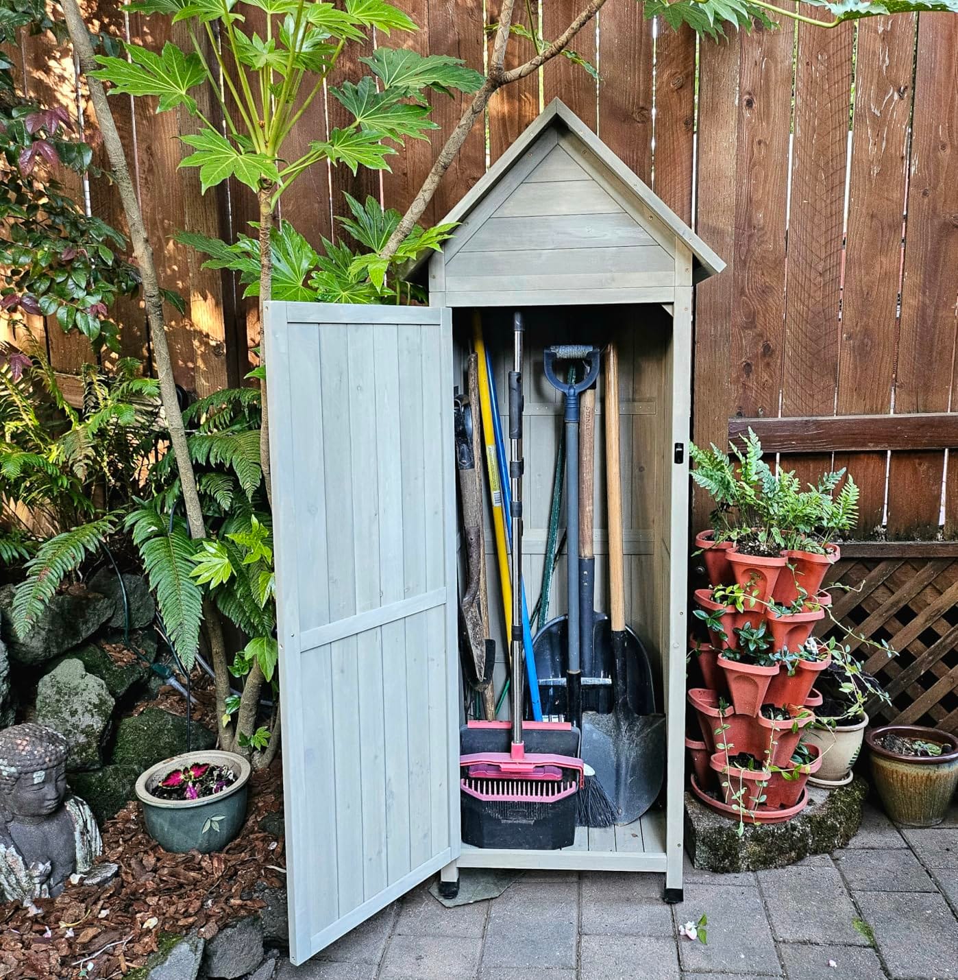 Wooden Outdoor Storage Cabinet,Tall Vertical Garden Tool Shed with Waterproof Metal Roof & Adjustable Feet – Perfect for Yard, Patio, Lawn & Deck (Green, 22