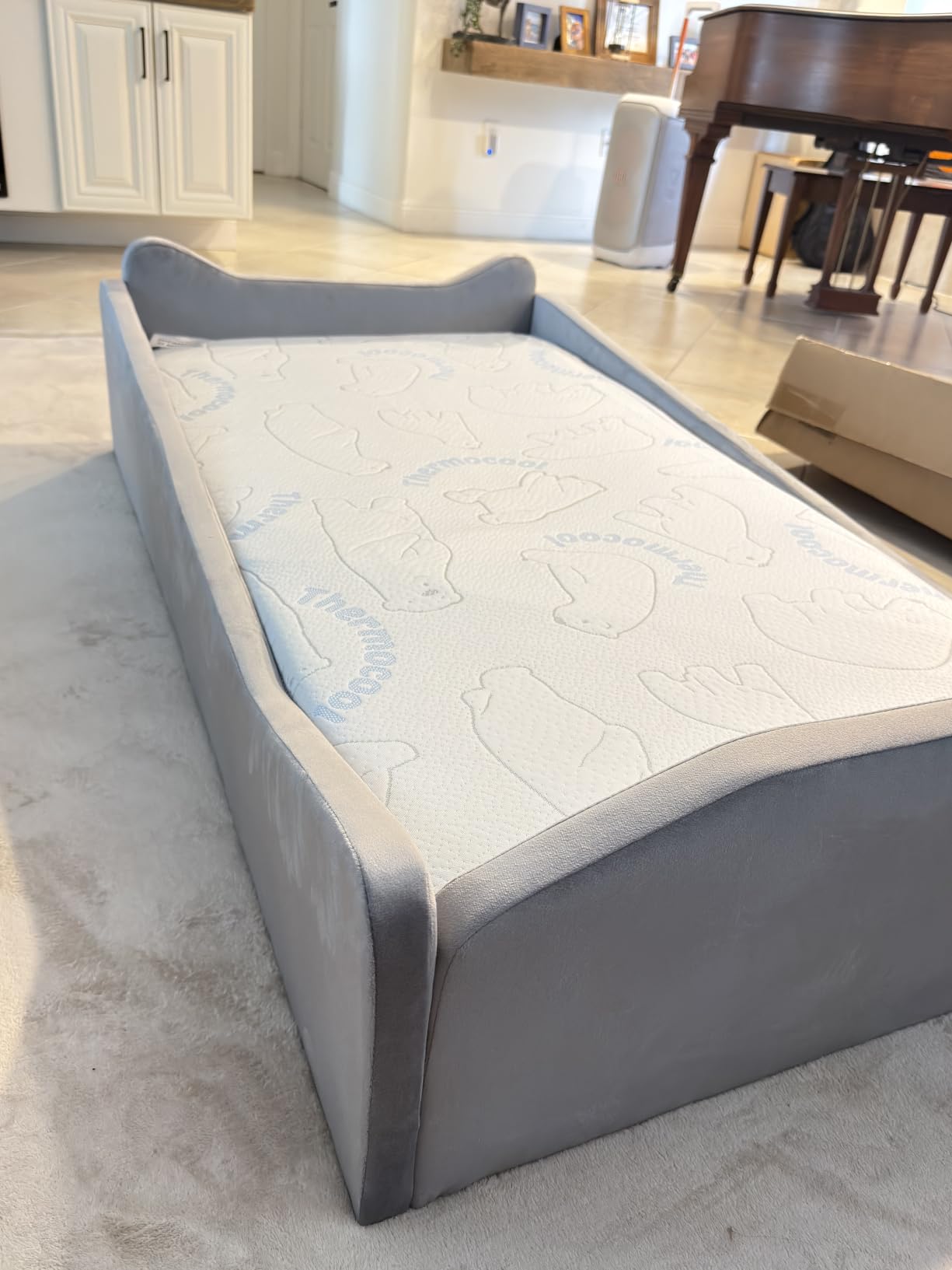 JOYMOR Toddler Bed, Floor Bed with Safety Guadrail, Montessori Toddler Bed with Animal Ear Shapes, Soft Velvet Wood Bed for Infant, Kids, Mattress not Included (Gray) customer photo 1