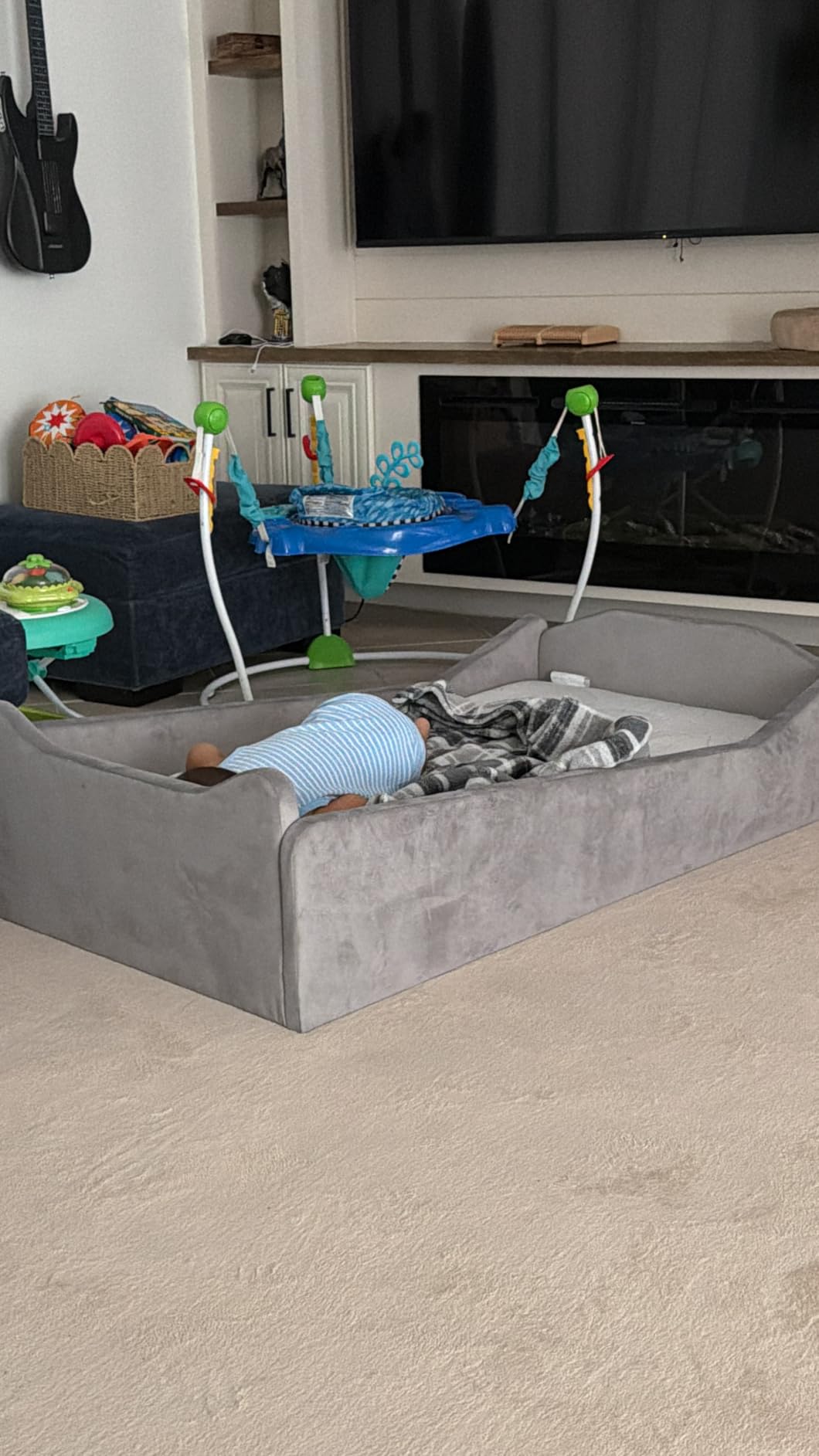 JOYMOR Toddler Bed, Floor Bed with Safety Guadrail, Montessori Toddler Bed with Animal Ear Shapes, Soft Velvet Wood Bed for Infant, Kids, Mattress not Included (Gray) customer photo 2