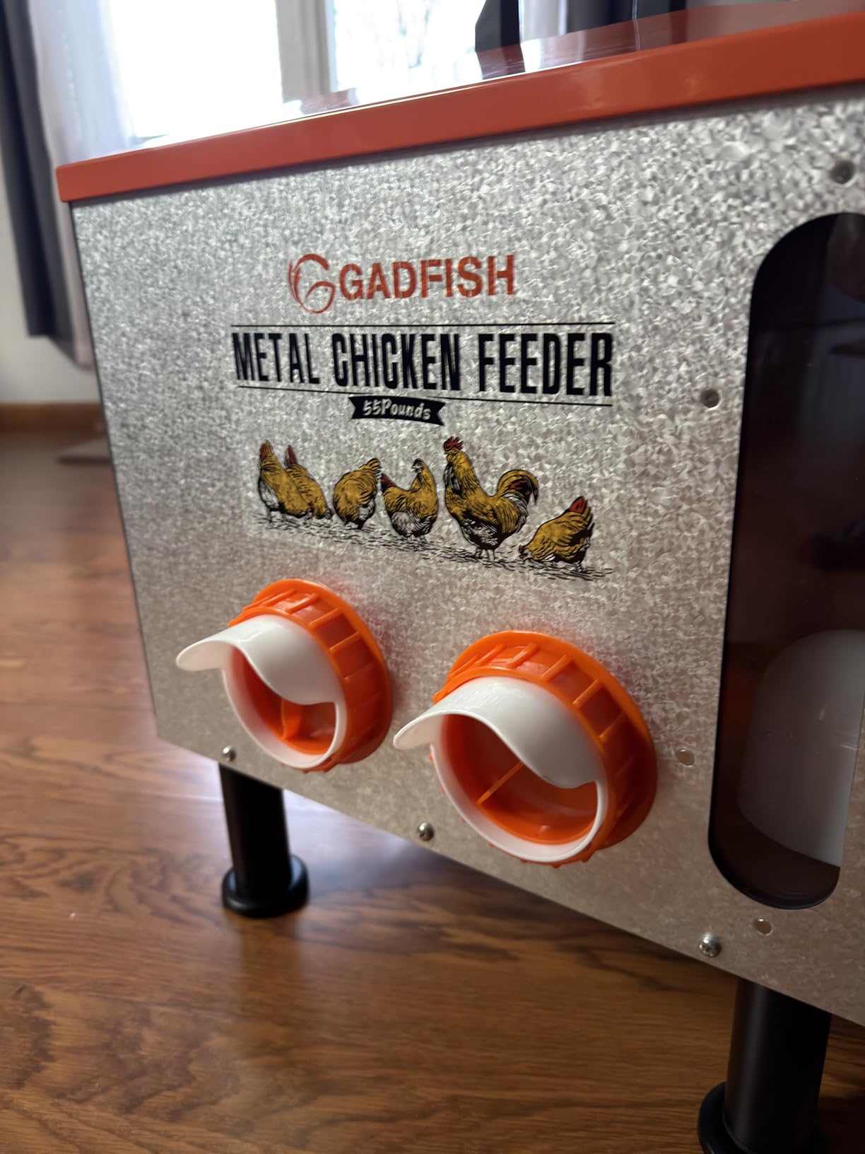 GADFISH 55LBS Large Capacity Automatic Chicken Feeder - Upgraded Window Design Allows Viewing of Feed Conditions, 8 Feeding Ports, Anti-Waste Design, Height-Adjustable Legs & Secure customer photo 1